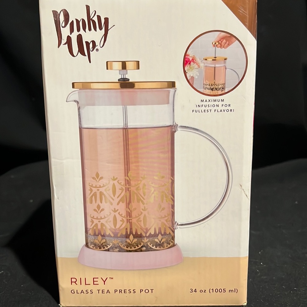 True Brands/Pinky Up Riley glass w/rose gold design tea press pot – 34 ounce-NIB